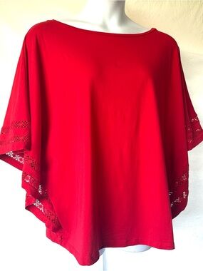 LRL Lauren Boho Cotton Poncho Top Sz 2X Red Crochet Lace Trim Batwing Sleeves